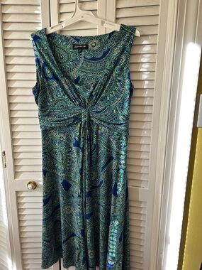 Jones New York Teal and Navy Paisley Twist-Front Midi Dress Size 16